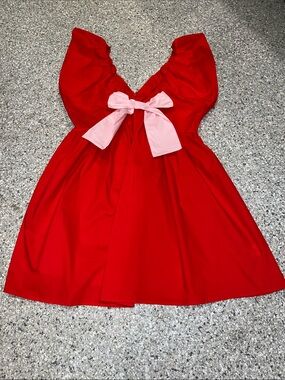 Red V-Neck Bow-Accent Women's Dress